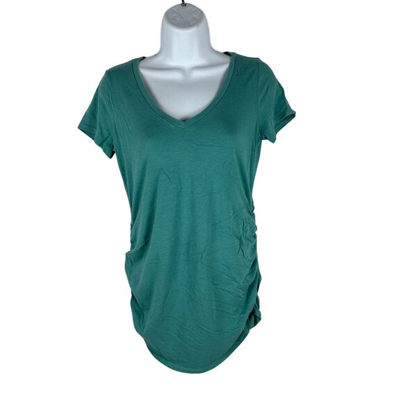 Motherhood Maternity Green XS Ruched Side Short Sleeve V-Neck T-Shirt - Picture 1 of 3